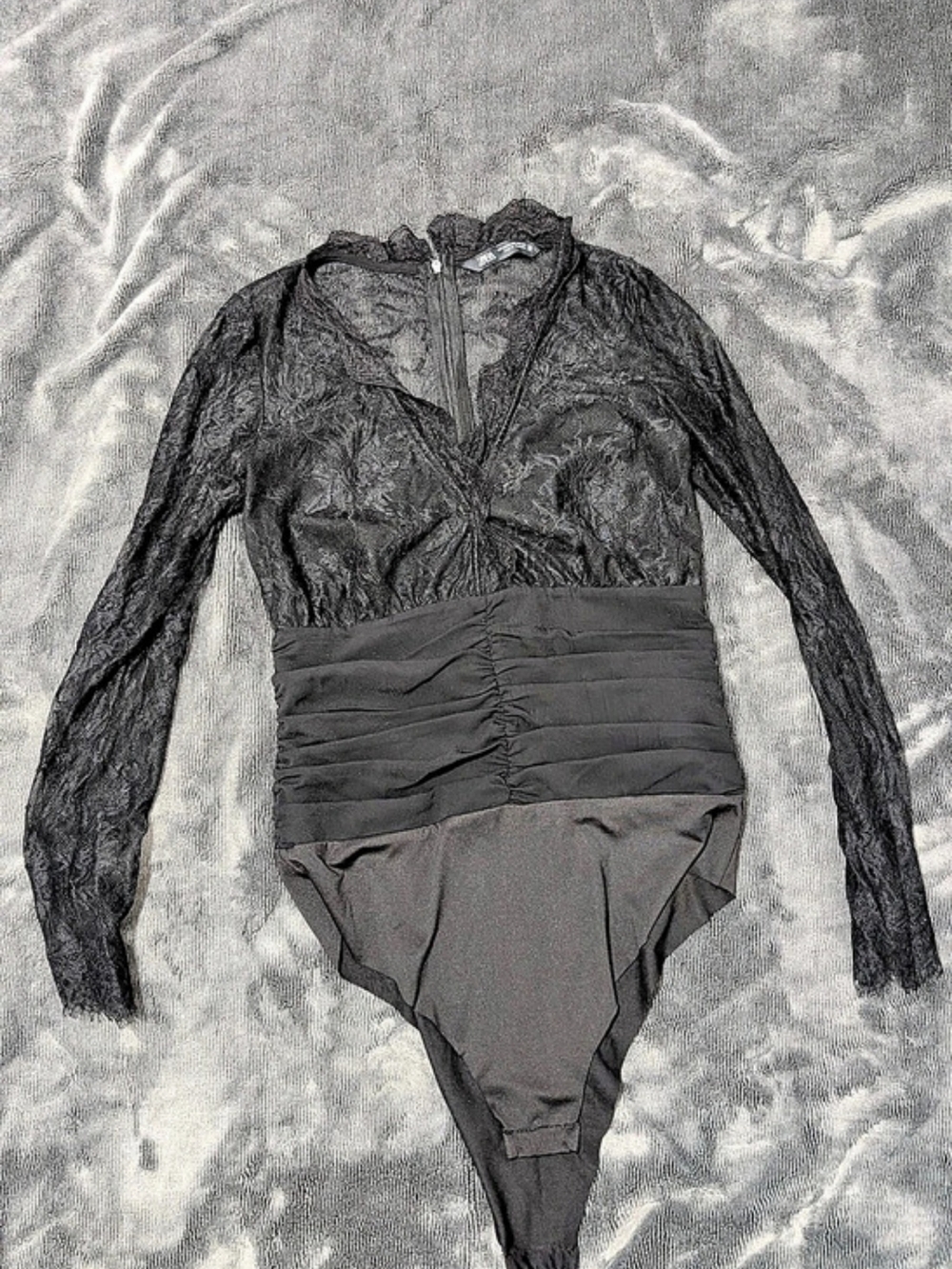 Zara Sheer Floral Lace Long-Sleeve Bodysuit in Black
